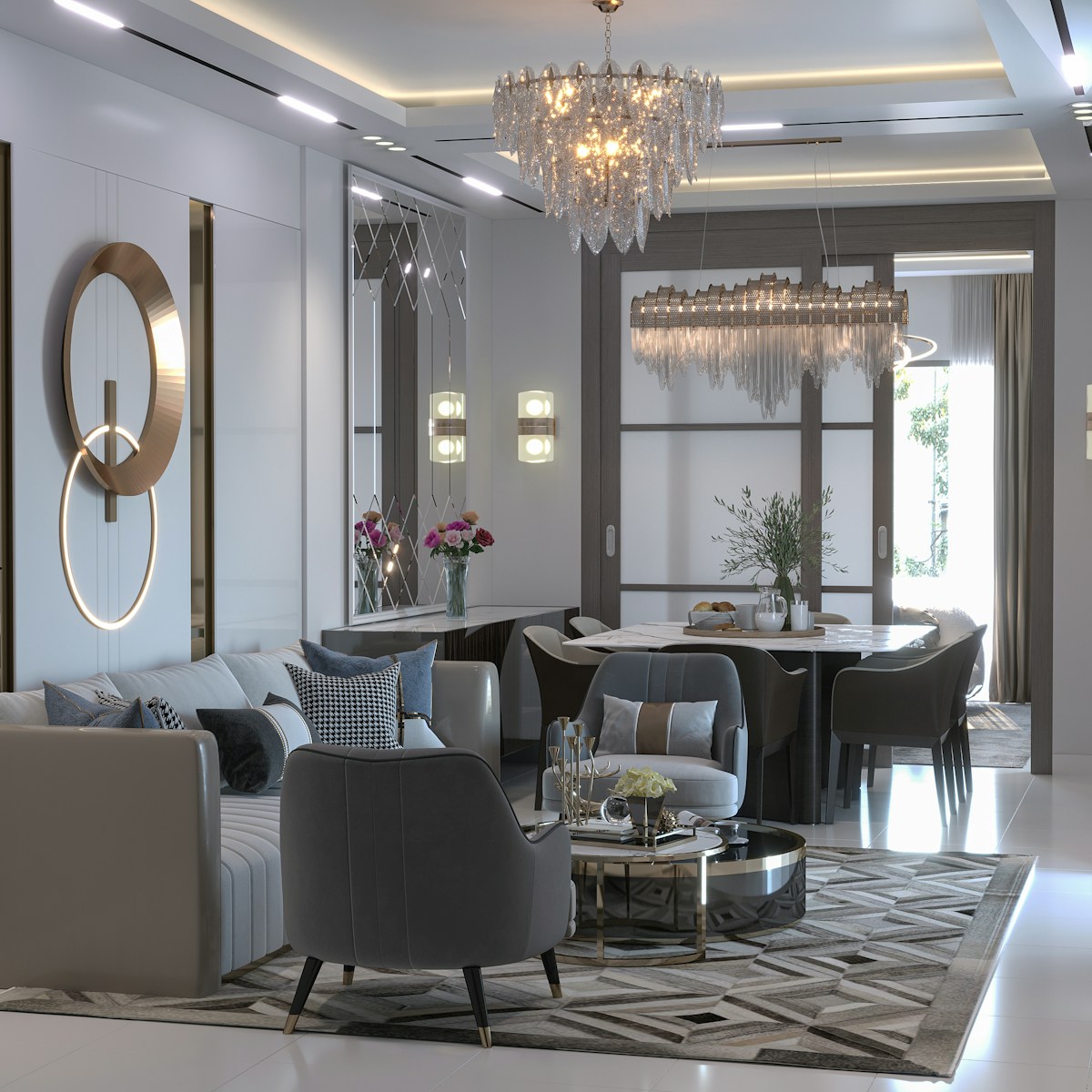 a room with a table and chairs